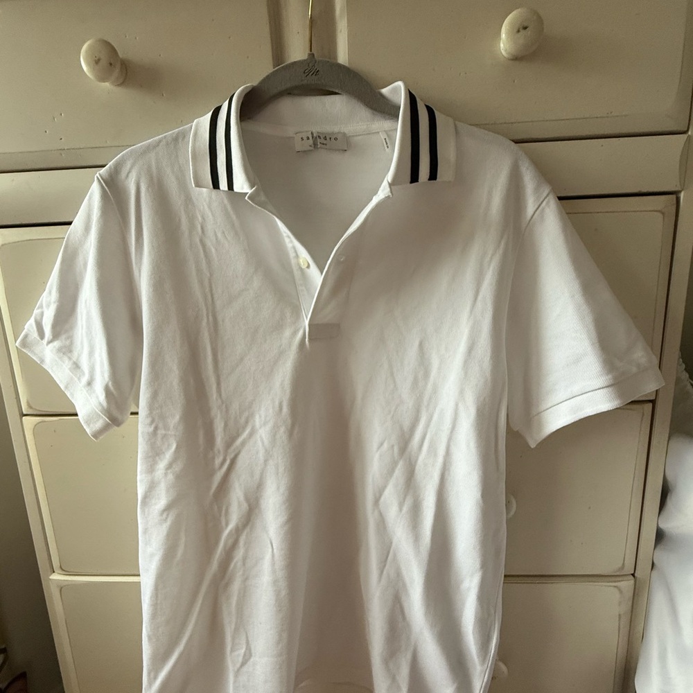 Sandro White and Black Polo Shirt with Striped Collar